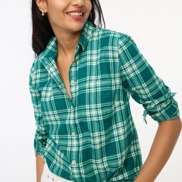 J Crew Women's Flannel Button Front Shirt 100% Cotton‎ Plaid Top Green Medium - Picture 1 of 8